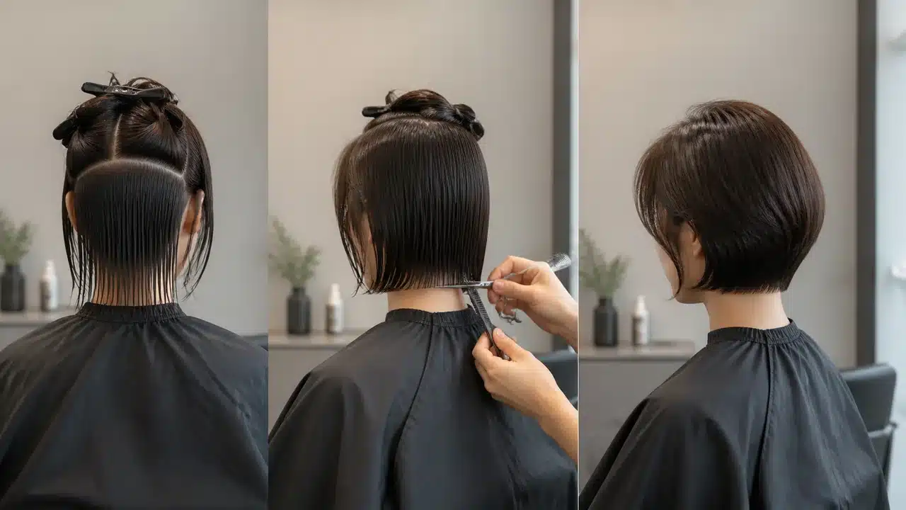 턱선 단발의 커트 과정과 완성된 뒷모습 비교
