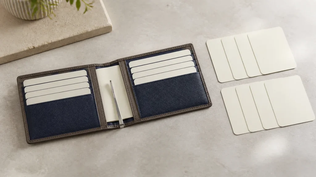 8개 카드 슬롯과 머니클립이 있는 컴팩트 반지갑 수납 구조