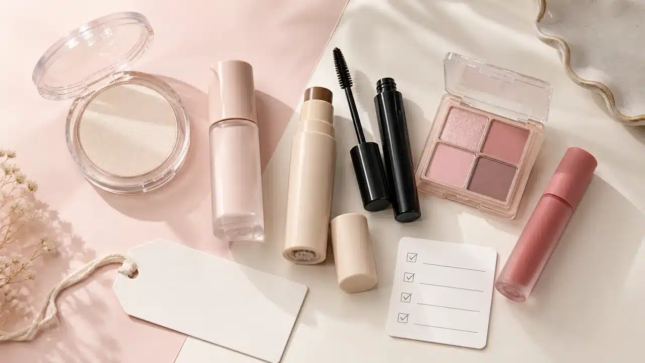 핑크색 화장품과 가격표, 구매 체크리스트를 정리한 모습