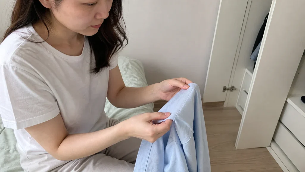 민감한 피부를 위해 셔츠 안쪽 봉제선의 거침과 마찰 부위를 손으로 확인하는 모습