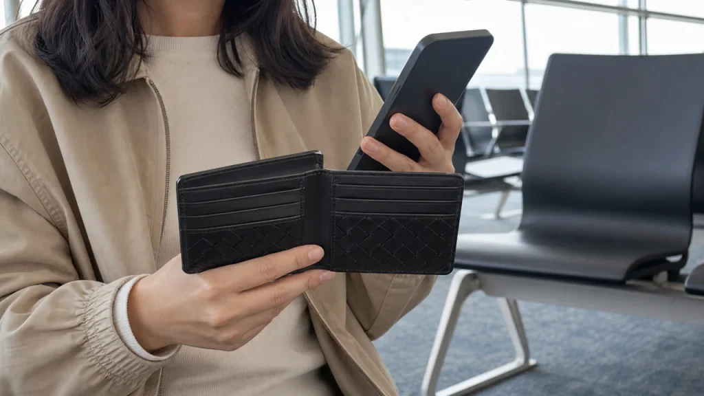공항 대기 공간에서 휴대전화로 총비용을 확인하며 가죽 반지갑의 슬롯 구조를 점검하는 모습