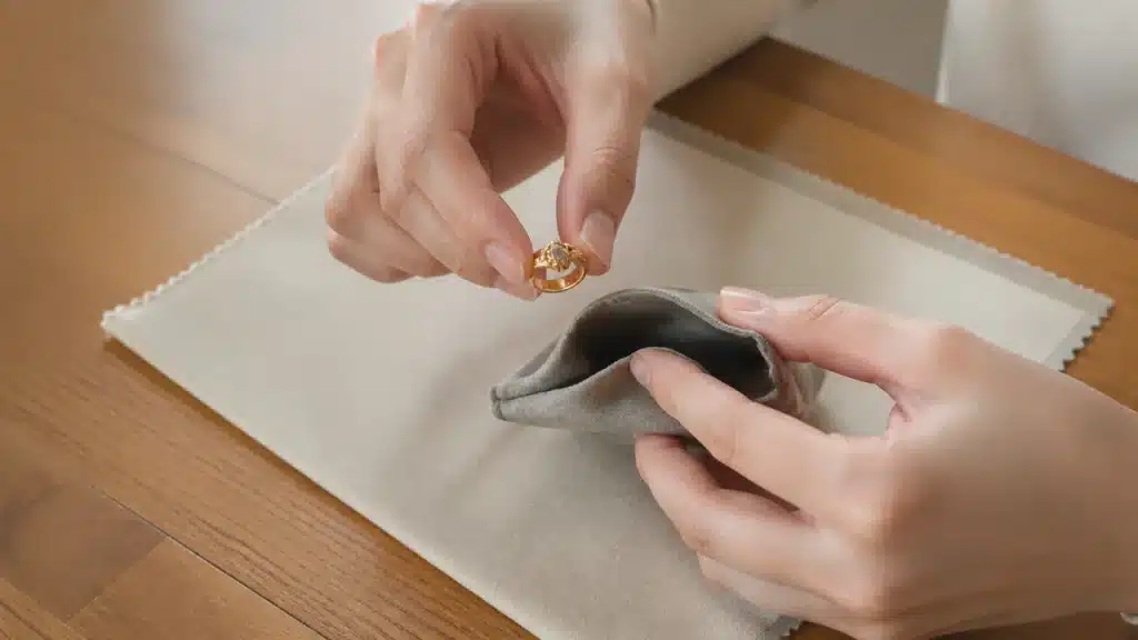 빈티지 금빛 반지의 상태를 확인한 뒤 회색 주얼리 파우치에 분리 보관하는 모습