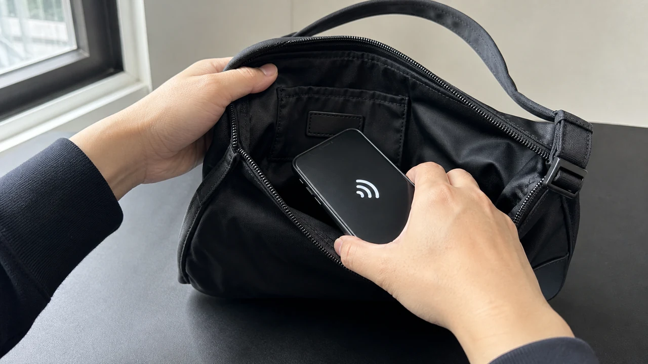 프라다 가방 내부 라벨 부근에 휴대전화를 가까이 대 NFC 기능을 확인하는 장면