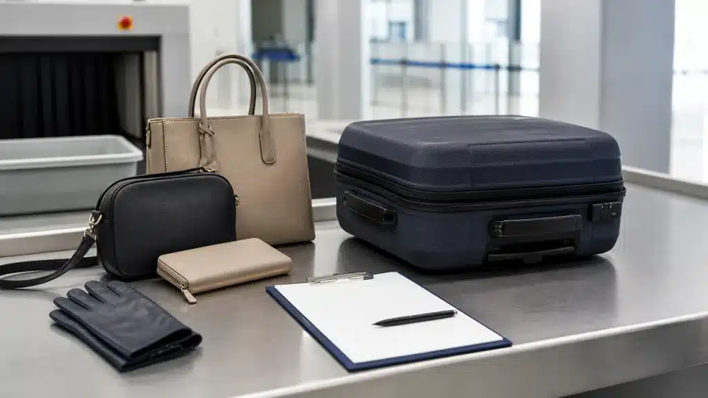 공항 세관 검사대의 여행가방과 무브랜드 가방 통관 점검