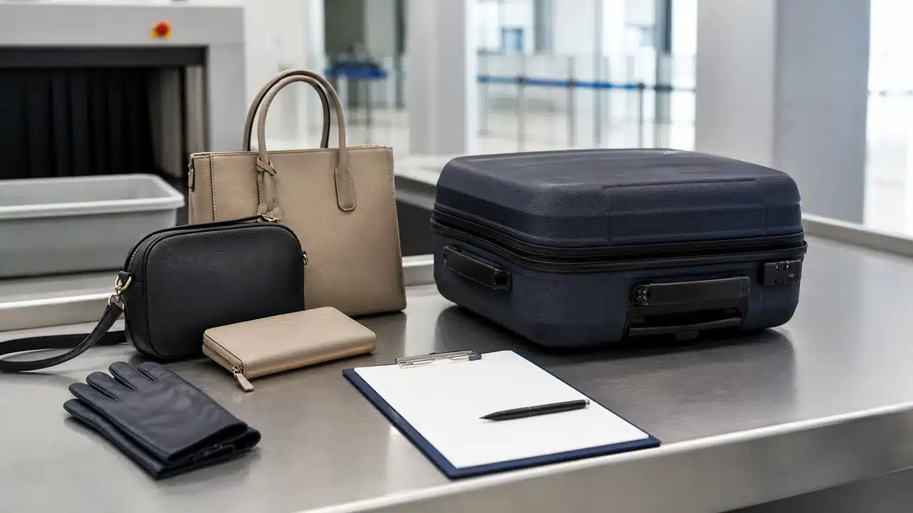 공항 세관 검사대의 여행가방과 무브랜드 가방 통관 점검