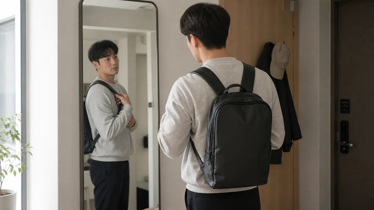 크기가 다른 가죽 백팩의 수납과 스트랩을 비교하는 이미지
