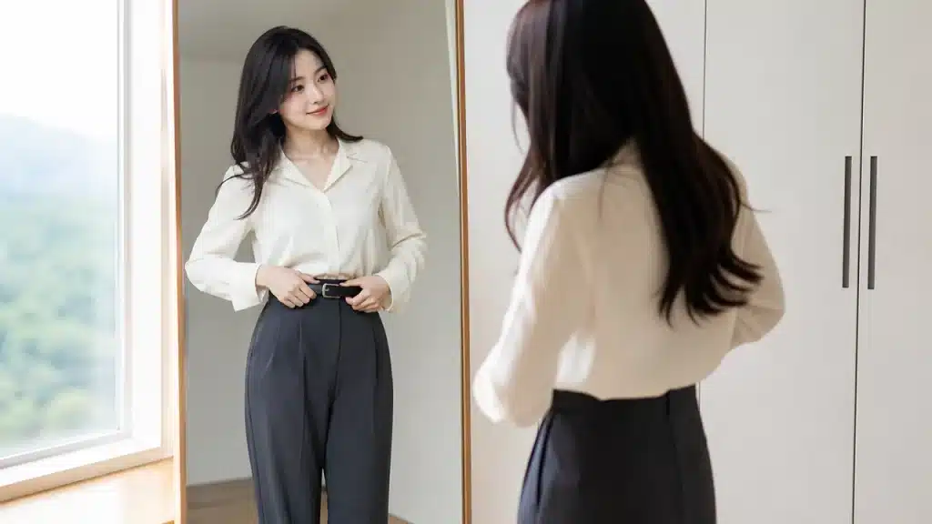 거울 앞에서 여성 의상의 비율과 색 조합을 확인하는 이미지