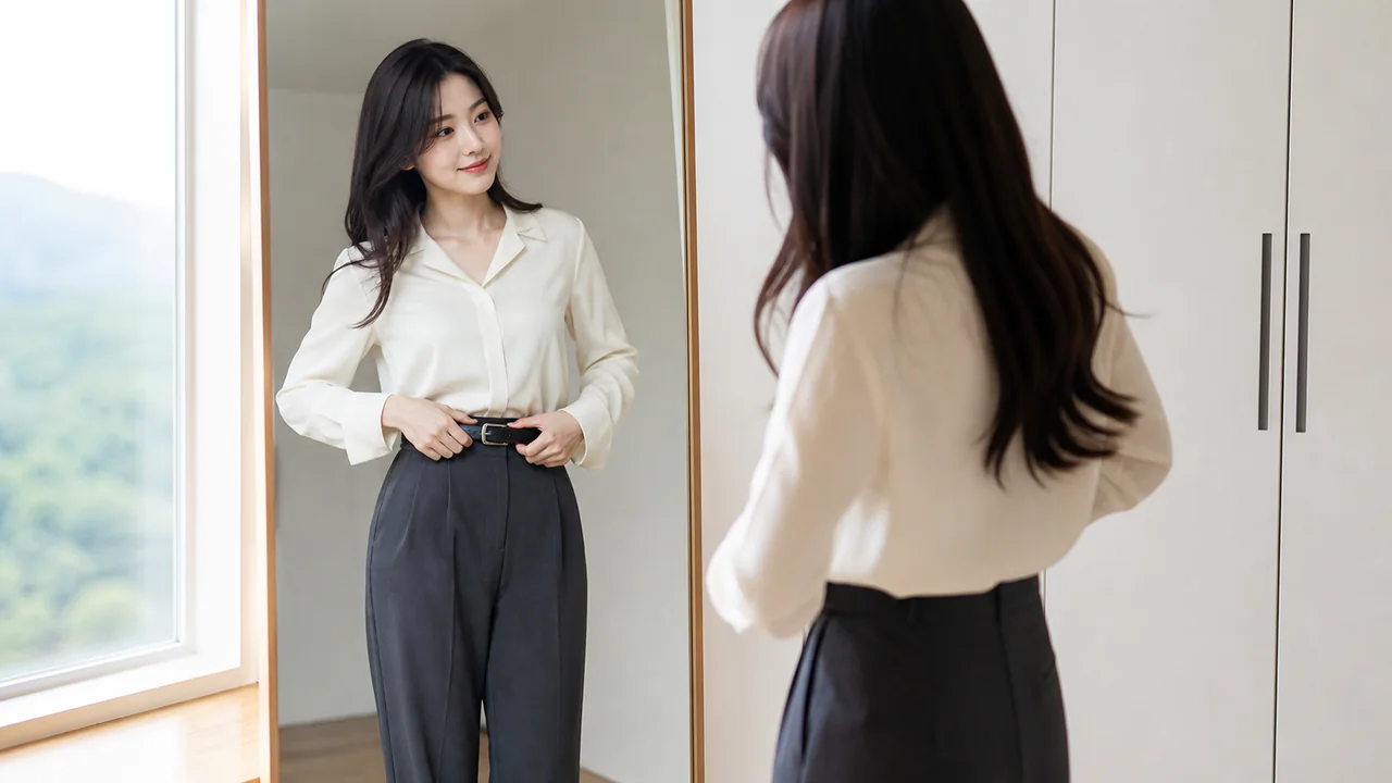 거울 앞에서 여성 의상의 비율과 색 조합을 확인하는 이미지