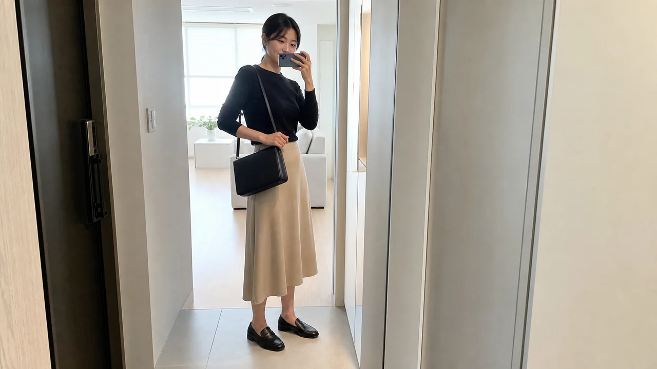 검은색 가방과 로퍼를 베이지색 스커트에 조합해 비율을 확인하는 이미지