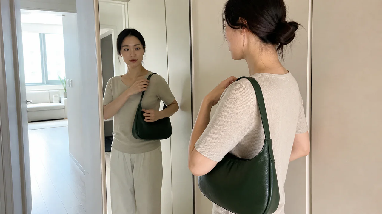 거울 앞에서 초록색 숄더백의 크기와 착용 비율을 확인하는 이미지