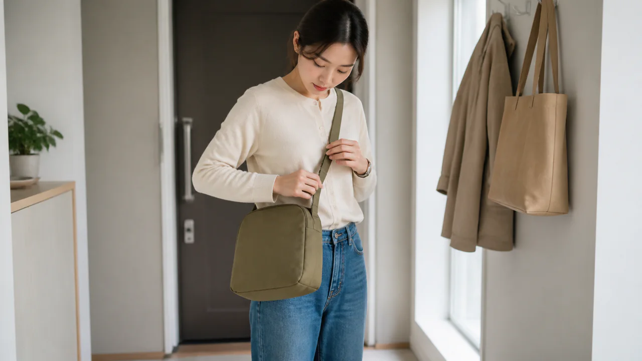 거울 앞에서 크로스백의 스트랩 길이와 크기를 확인하는 이미지