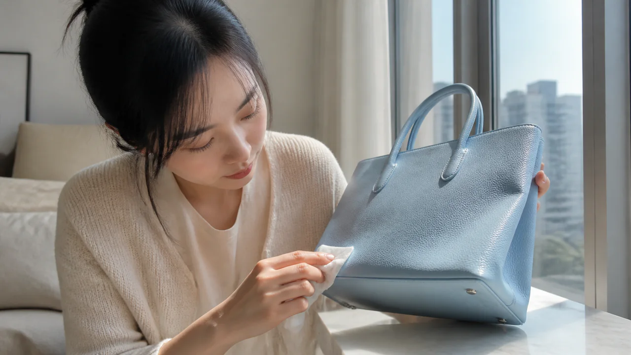 하늘색 명품 가방의 소재와 이염 위험을 확인하는 대표 이미지
