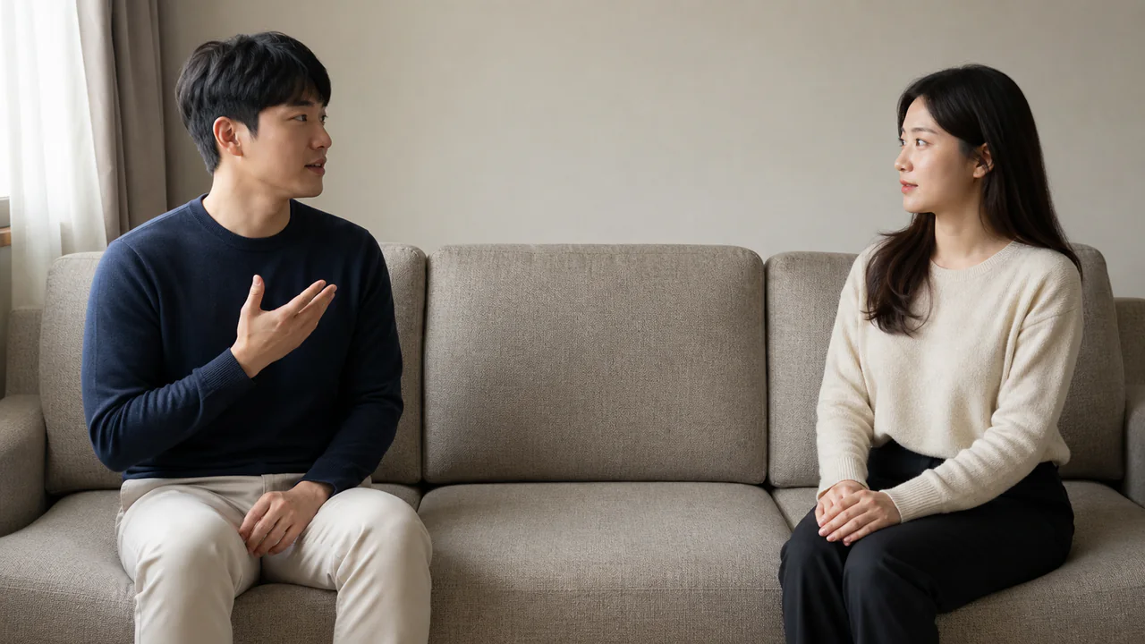 두 사람이 차분하게 동의와 경계를 대화하는 상황 이미지