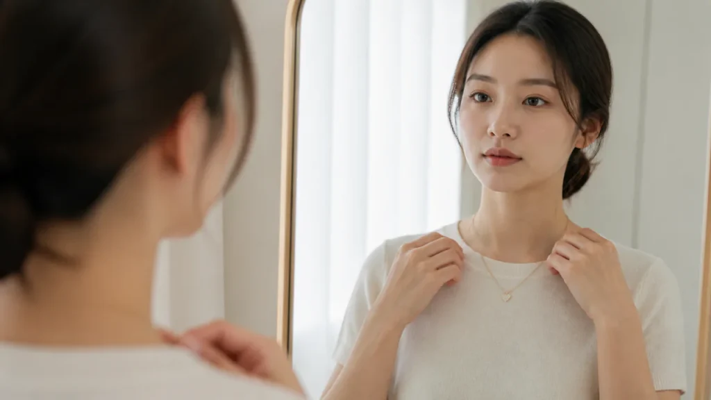 하트 펜던트 목걸이의 체인 길이와 크기를 확인하는 이미지