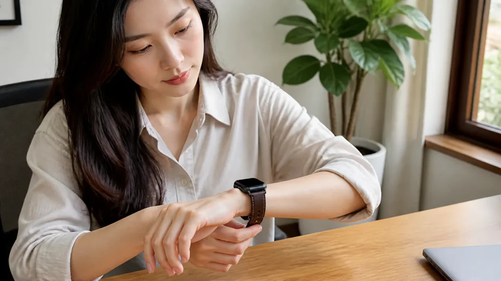 가죽 스마트워치 스트랩의 폭과 잠금 착용감을 확인하는 이미지