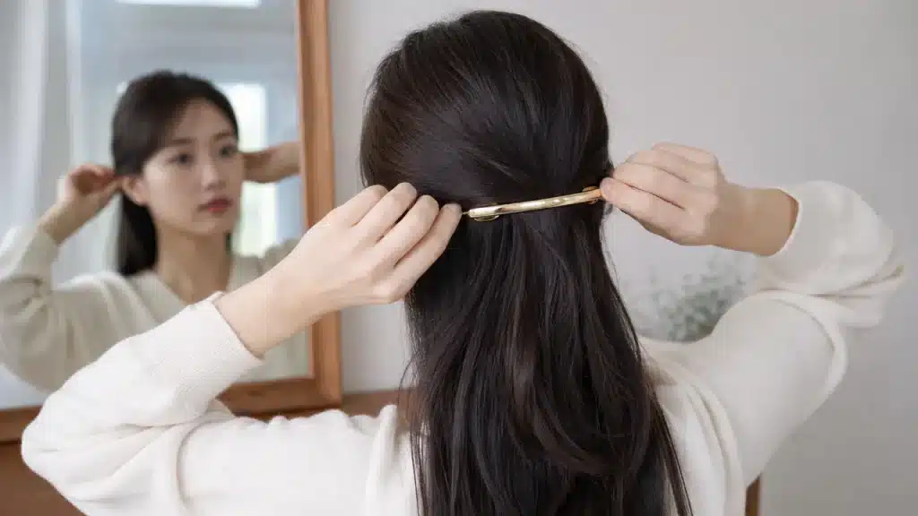 거울 앞에서 금색 헤어핀의 크기와 고정력을 확인하는 이미지