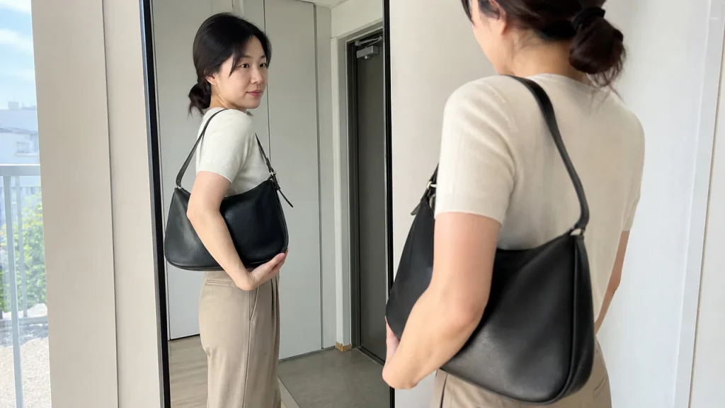 거울 앞에서 검은색 숄더백의 크기와 스트랩 길이를 확인하는 이미지