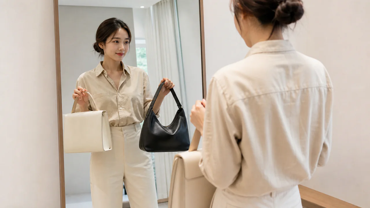 구조와 크기가 다른 두 가죽 가방을 비교하는 이미지