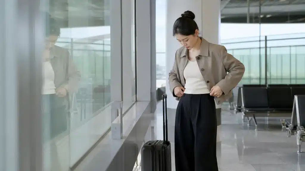 거울 앞에서 재킷과 가방의 비율과 색을 확인하는 이미지
