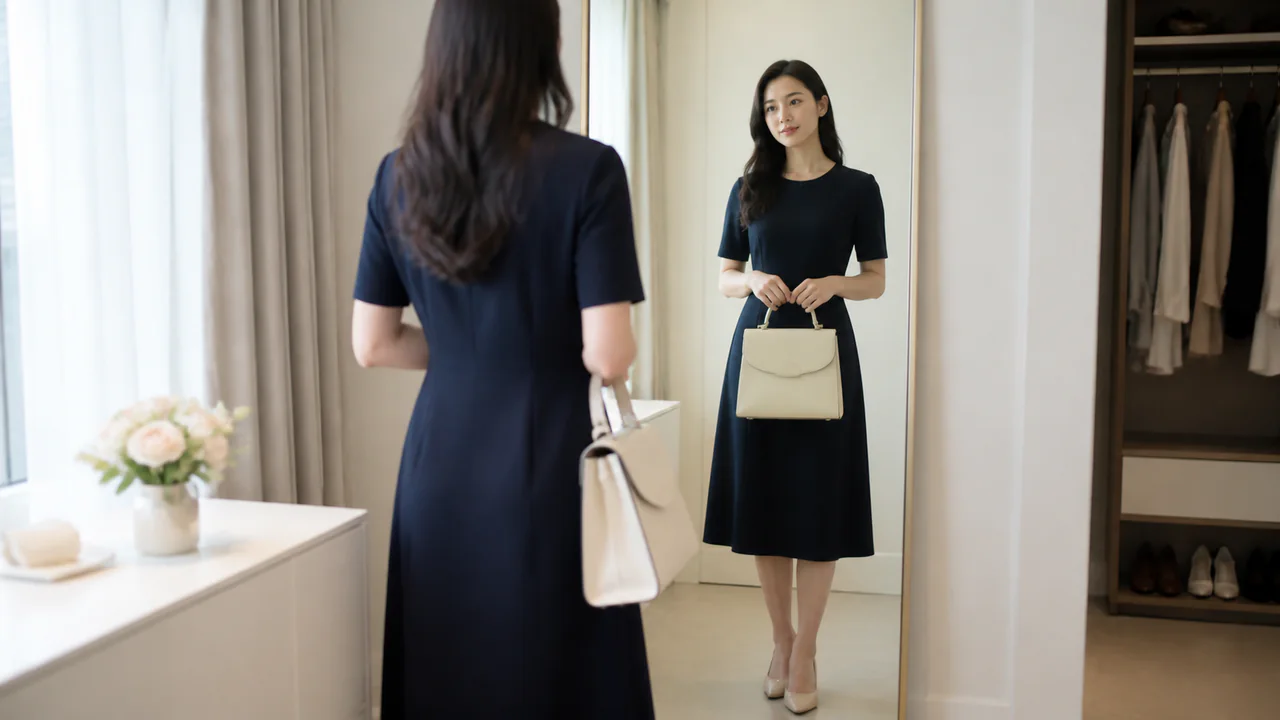 거울 앞에서 여성 가방의 실루엣과 색 조합을 확인하는 이미지
