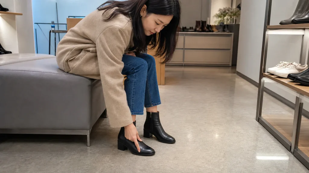 신발 매장에서 검은색 앵클부츠의 앞코와 착화감을 확인하는 이미지