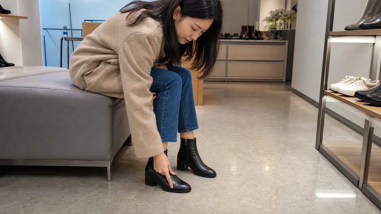 신발 매장에서 검은색 앵클부츠의 앞코와 착화감을 확인하는 이미지