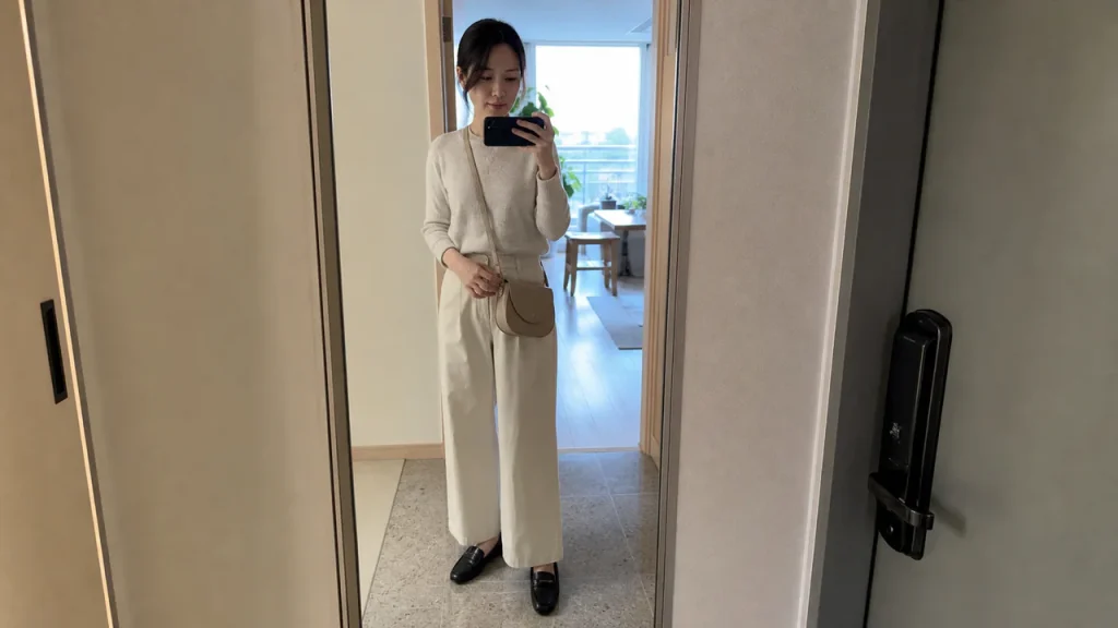 거울 앞에서 베이지색 크로스백과 검은색 로퍼의 비율을 확인하는 이미지