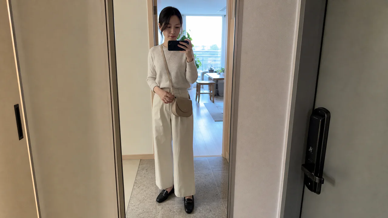 거울 앞에서 베이지색 크로스백과 검은색 로퍼의 비율을 확인하는 이미지