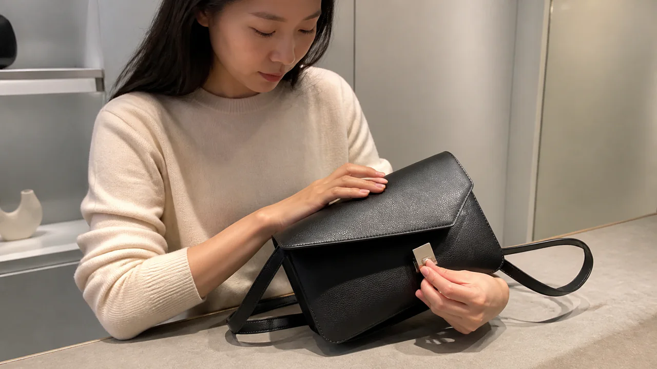 검은색 플랩백의 잠금장치와 소재를 확인하는 이미지