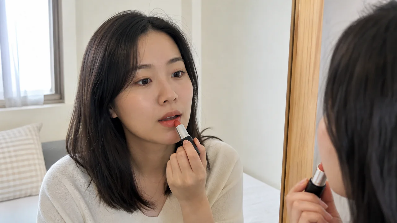 거울 앞에서 피치색 립스틱의 발색과 제형을 확인하는 이미지