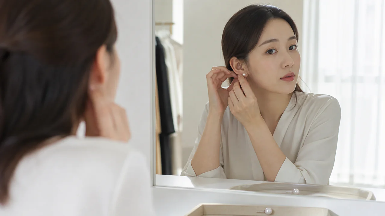 크기가 다른 진주 귀걸이와 잠금장치를 비교하는 이미지