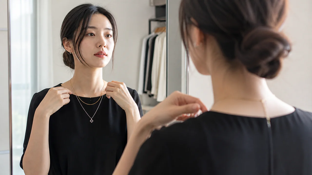 목걸이와 반지를 크기별로 레이어링해 비교하는 이미지