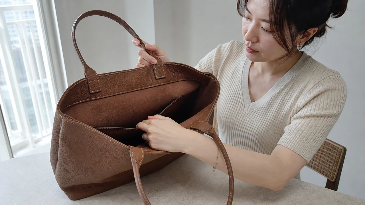 갈색 가죽 토트백의 손잡이와 내부 구조를 확인하는 이미지