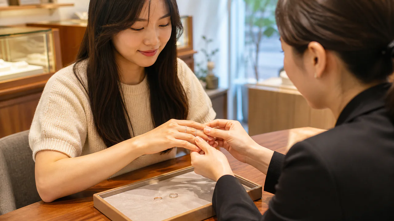 반지 매장에서 폭과 소재를 상담하며 비교하는 이미지