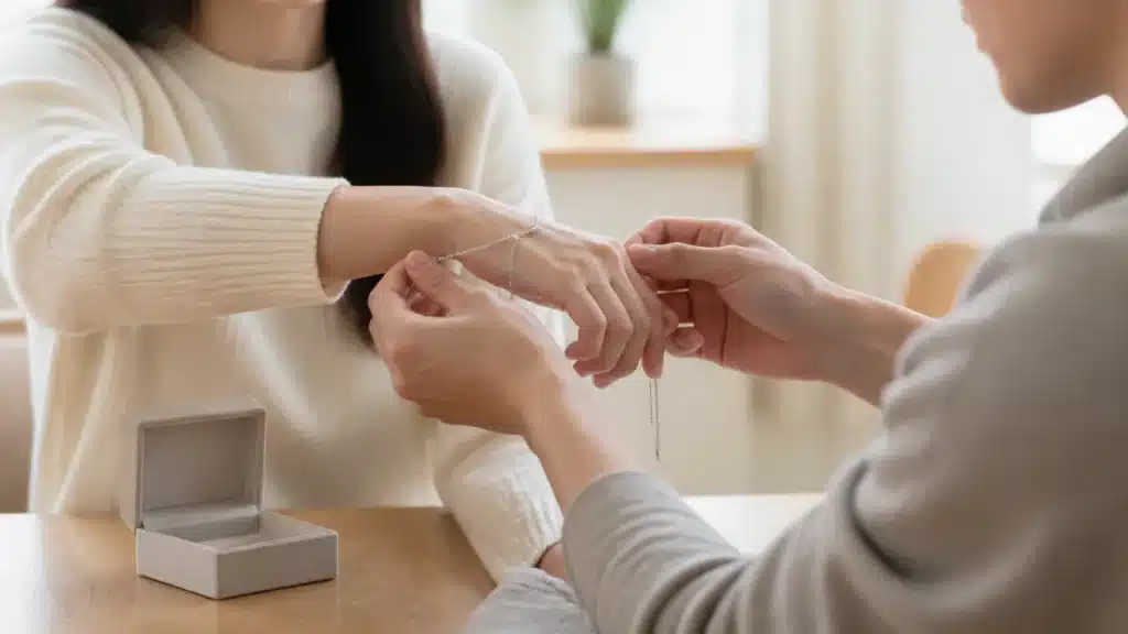 주얼리 선물의 크기와 소재를 포장 전 확인하는 이미지