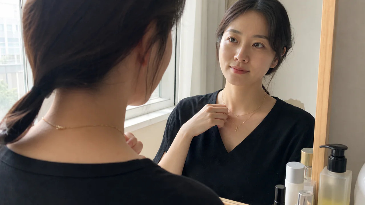 길이가 다른 목걸이 두 개의 레이어링 균형을 확인하는 이미지