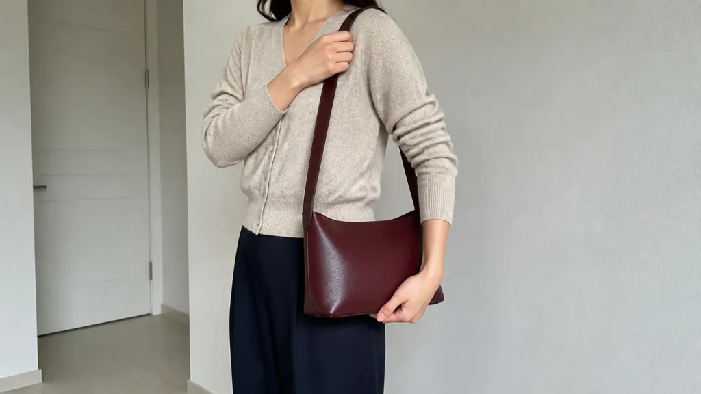 무브랜드 숄더백에 소지품을 넣고 무게를 확인하는 이미지