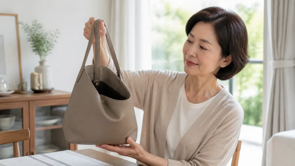 거울 앞에서 가벼운 가죽 가방의 크기와 착용감을 확인하는 이미지