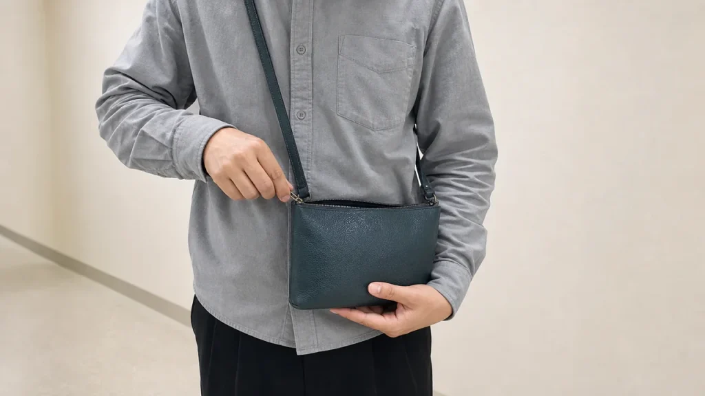 무브랜드 크로스백의 지퍼와 크기를 확인하는 이미지