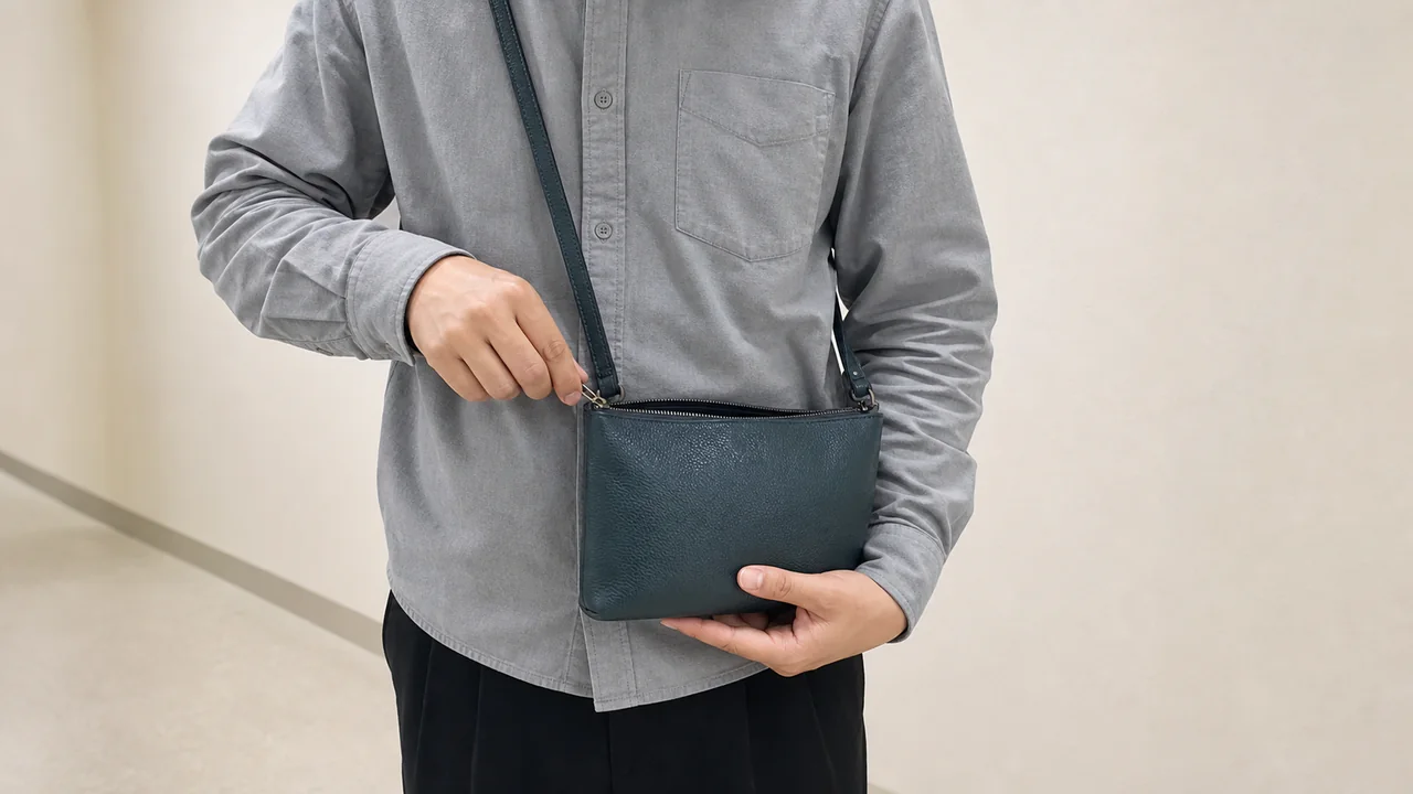 무브랜드 크로스백의 지퍼와 크기를 확인하는 이미지