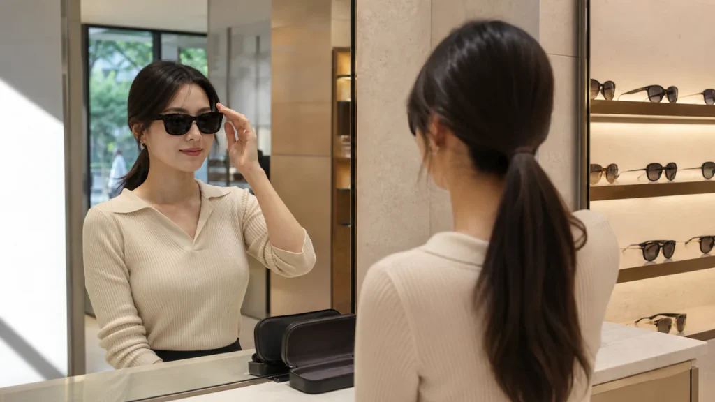 안경 매장 거울 앞에서 무브랜드 선글라스 핏을 확인하는 이미지