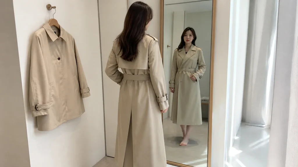 거울 앞에서 트렌치코트 기장과 핏을 비교하는 이미지