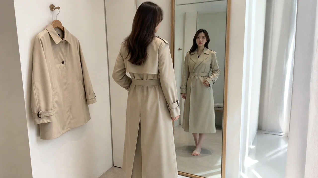 거울 앞에서 트렌치코트 기장과 핏을 비교하는 이미지