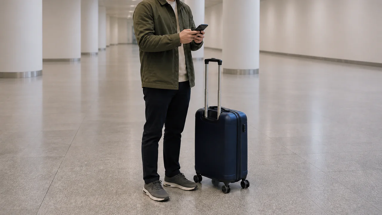 공항 이동 전 휴대 수하물과 스마트폰을 확인하는 이미지
