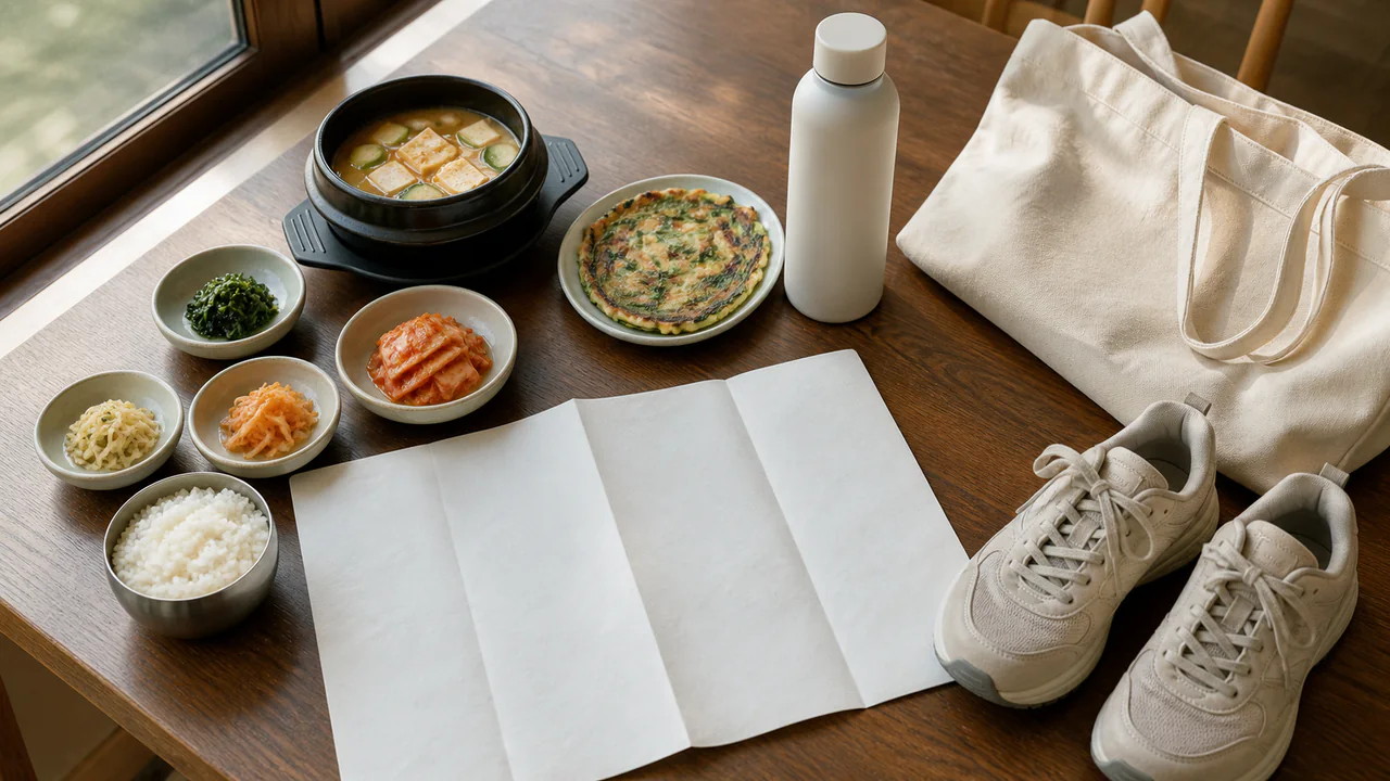 한식 상차림과 빈 지도, 걷기용 신발을 배치한 여행 이미지