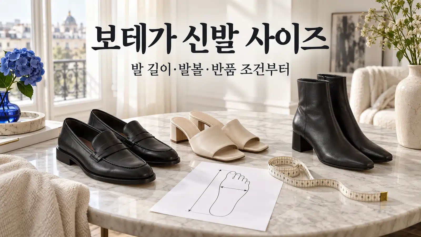 보테가베네타 신발의 길이와 발볼을 재고 로퍼·뮬·부츠 구조를 비교하는 장면