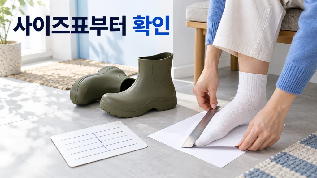 레인 앵클부츠 옆에서 종이와 자로 발길이를 재고 사이즈표를 확인하는 장면