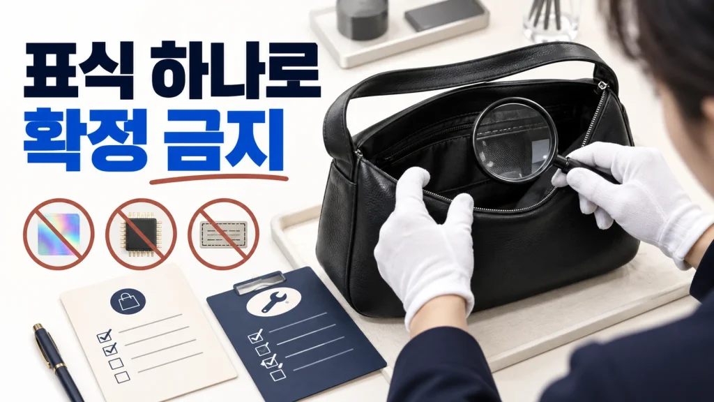 로고 없는 검정 가방의 내부 구조와 구매·수선 기록을 함께 확인하는 장면