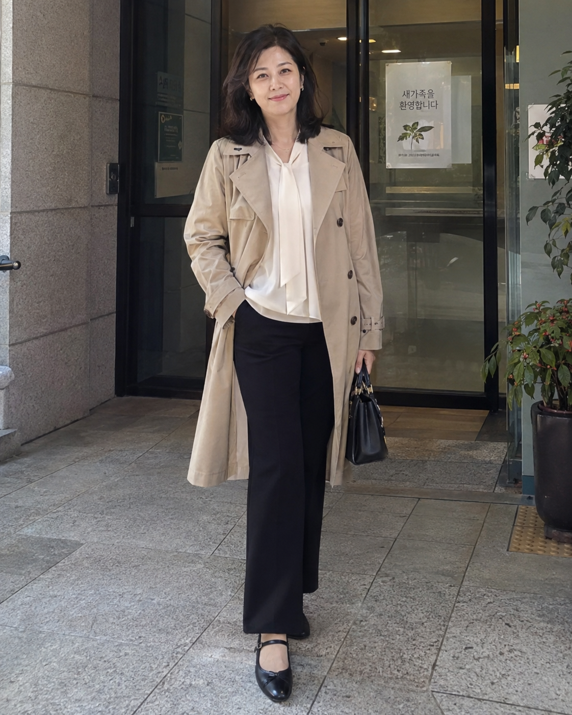 베이지 트렌치코트와 검정 나팔바지, 검정 메리제인을 매치한 여성 스타일링 예시